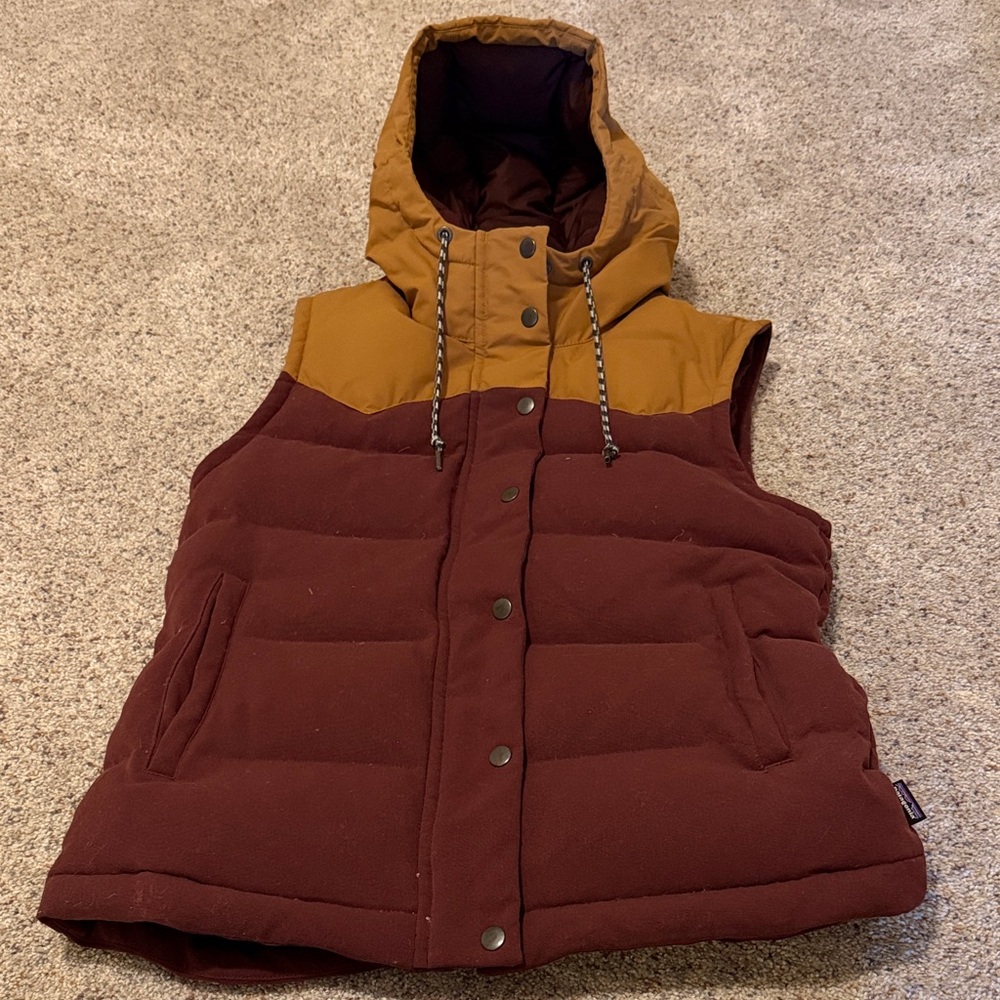 Patagonia Brown and Tan Hooded Puffer Vest